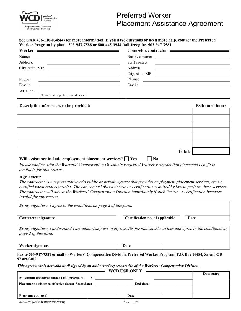 Preferred Worker Placement Assistance Agreement {4875} | Pdf Fpdf Docx | Oregon