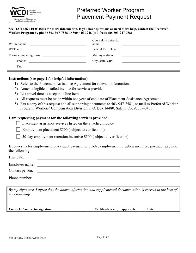 Preferred Worker Program Placement Payment Request {5135} | Pdf Fpdf Docx | Oregon