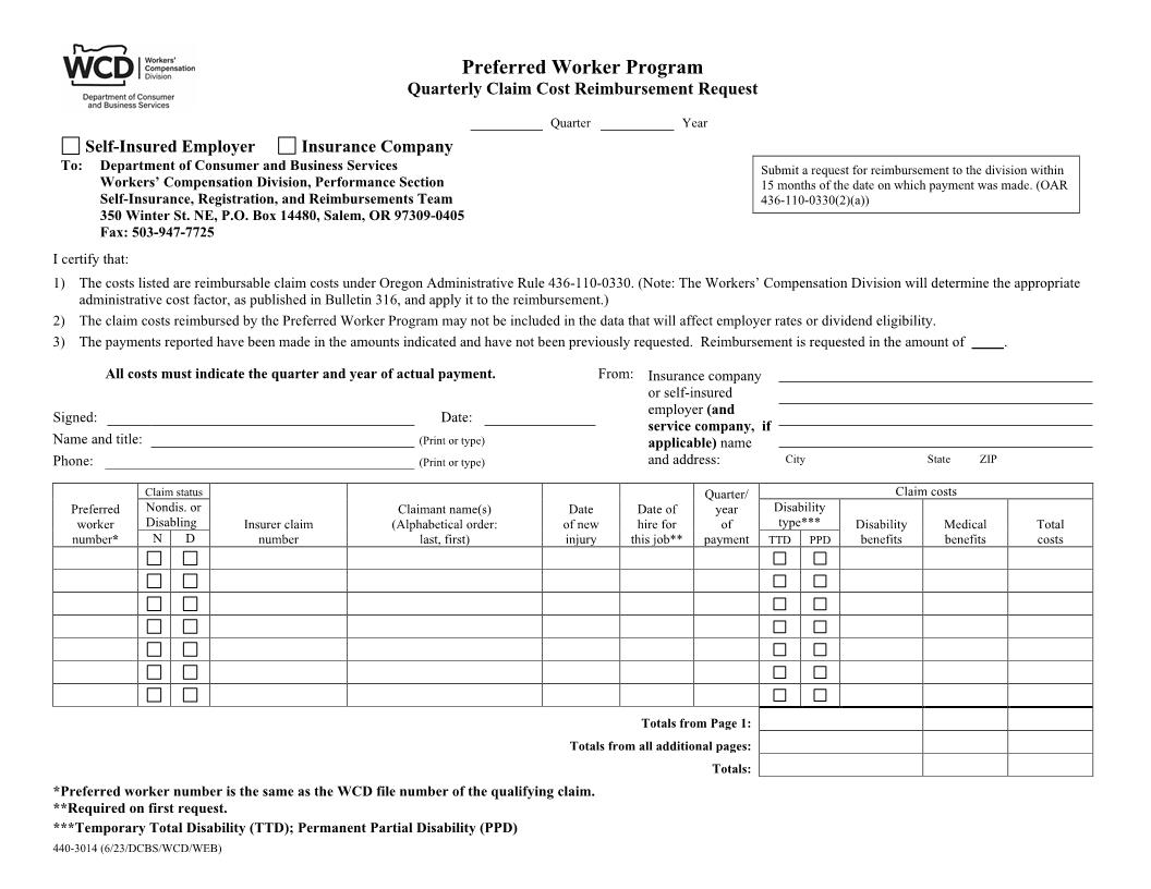 Preferred Worker Program Quarterly Claim Cost Reimbursement Request {3014} | Pdf Fpdf Doc Docx | Oregon