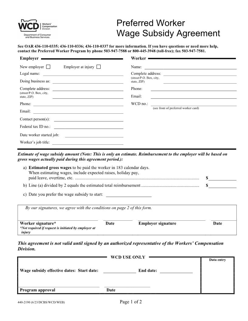 Preferred Worker Wage Subsidy Agreement {2190} | Pdf Fpdf Doc Docx | Oregon