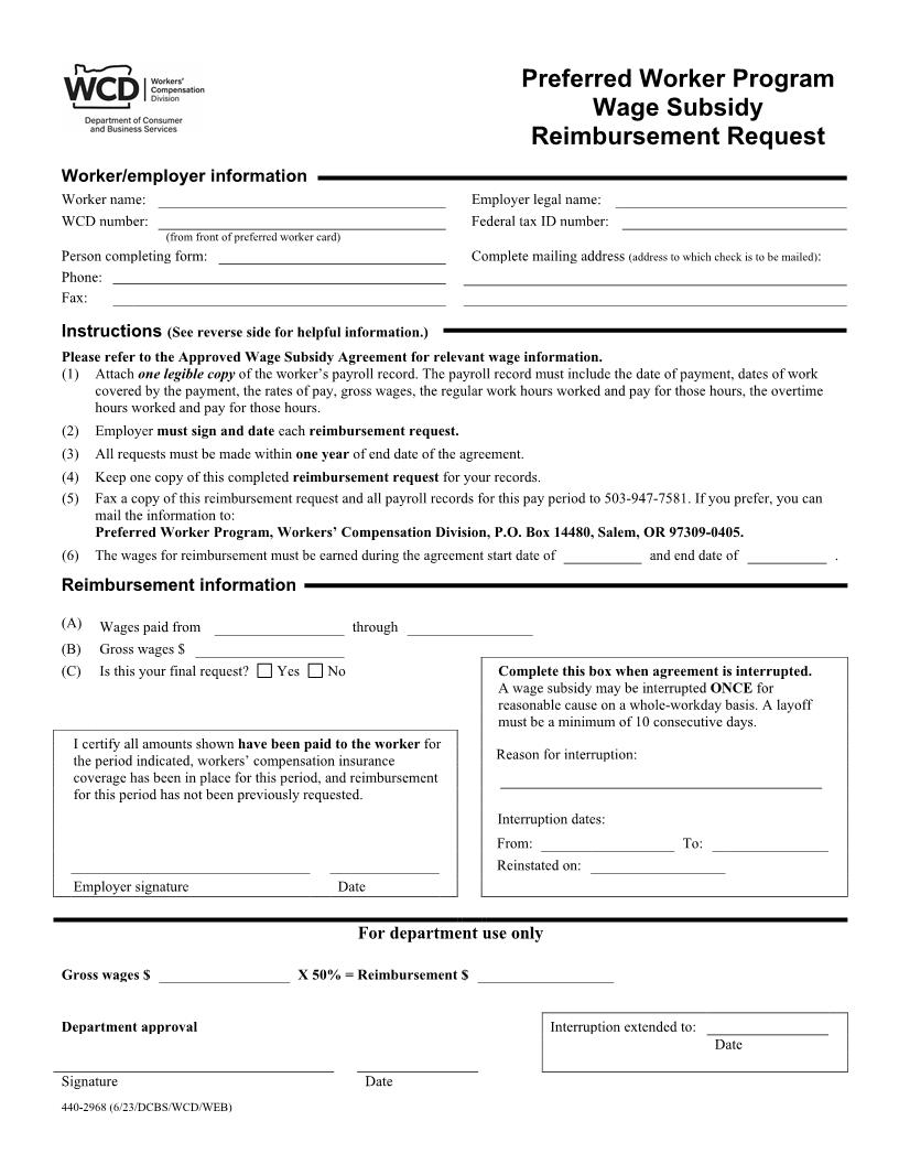 Preferred Worker Wage Subsidy Reimbursement Request {2968} | Pdf Fpdf Doc Docx | Oregon