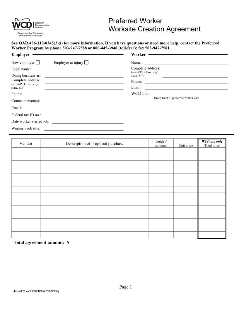 Preferred Worker Worksite Creation Agreement {4122} | Pdf Fpdf Docx | Oregon