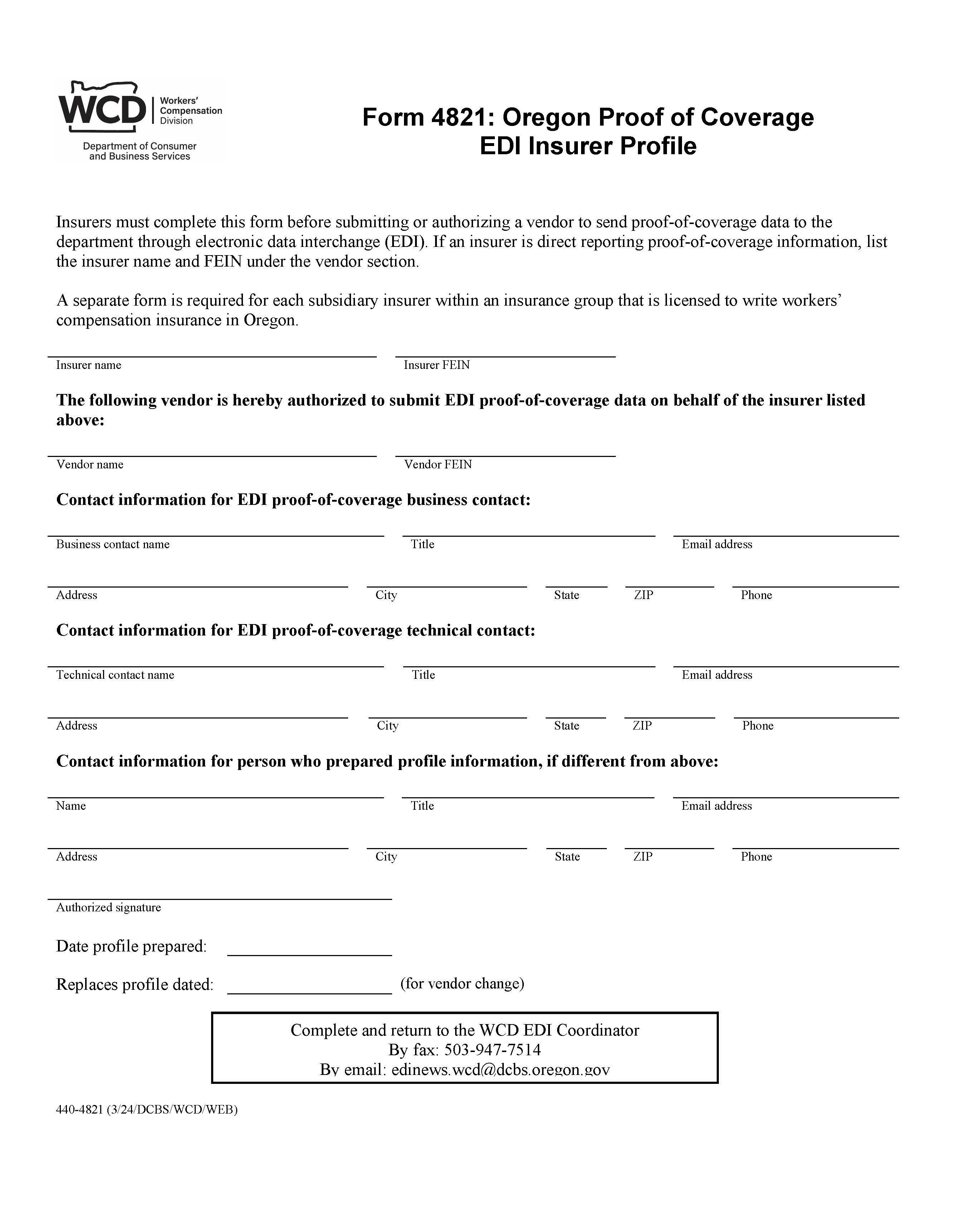 Oregon Proof of Coverage EDI Insurer Profile {4821} | Pdf Fpdf Doc Docx | Oregon