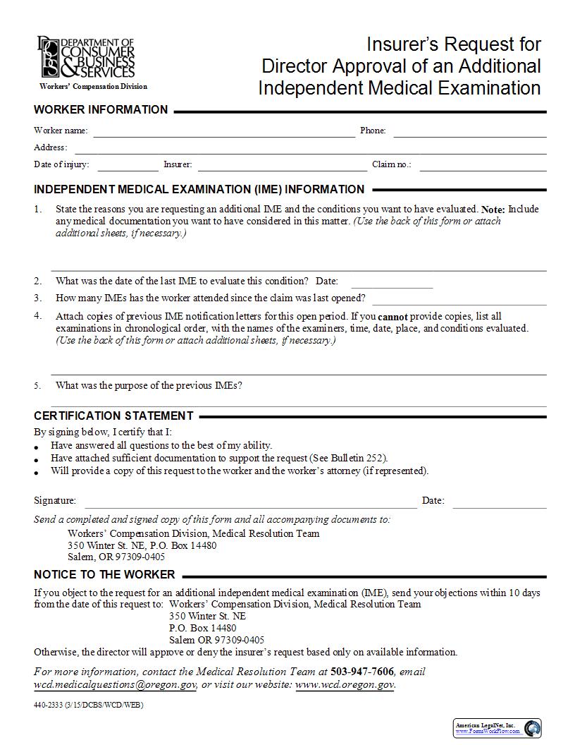 Insurers Request For Director Approval Of Insurer Medical Examination {2333} | Pdf Fpdf Docx | Oregon