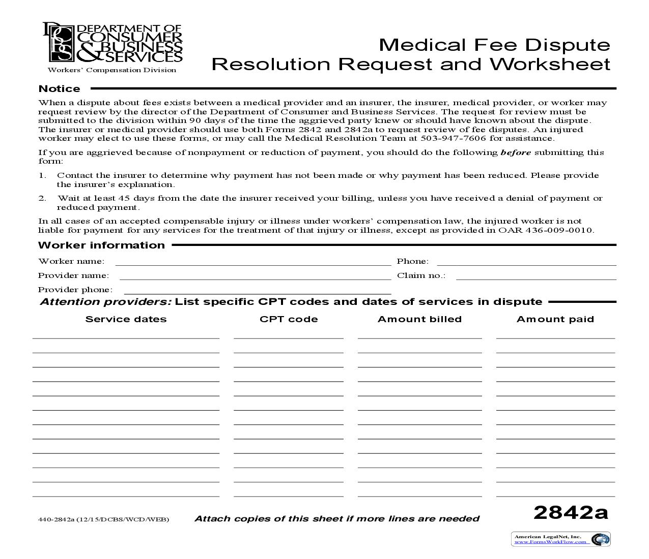Medical Fee Dispute Resolution Request And Worksheet {2842A} | Pdf Fpdf Doc Docx | Oregon