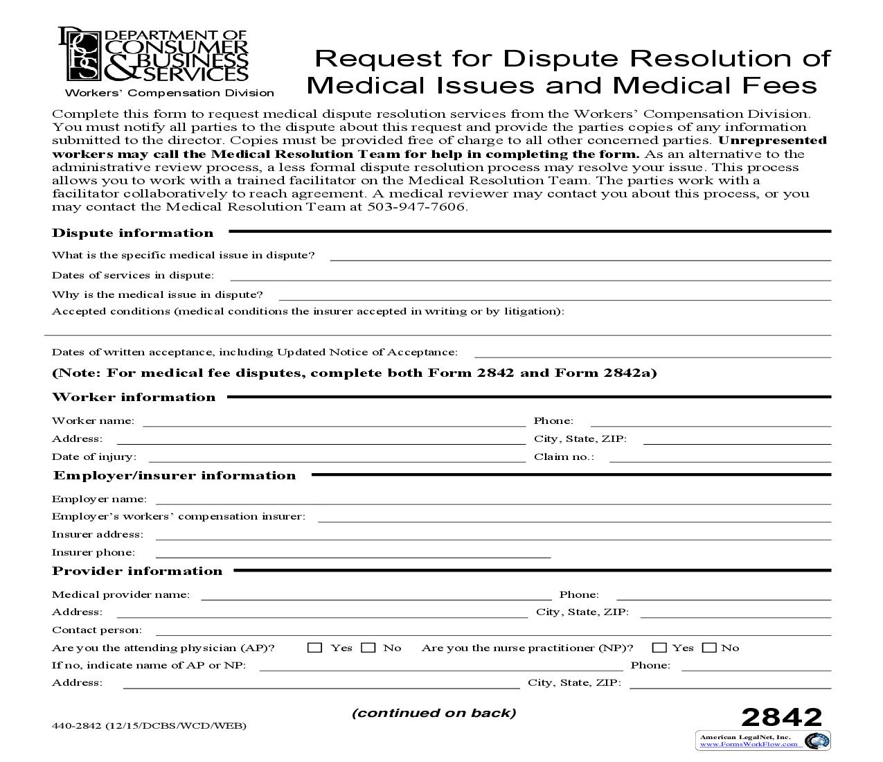 Request For Dispute Resolution Of Medical Issues And Medical Fees {2842} | Pdf Fpdf Doc Docx | Oregon