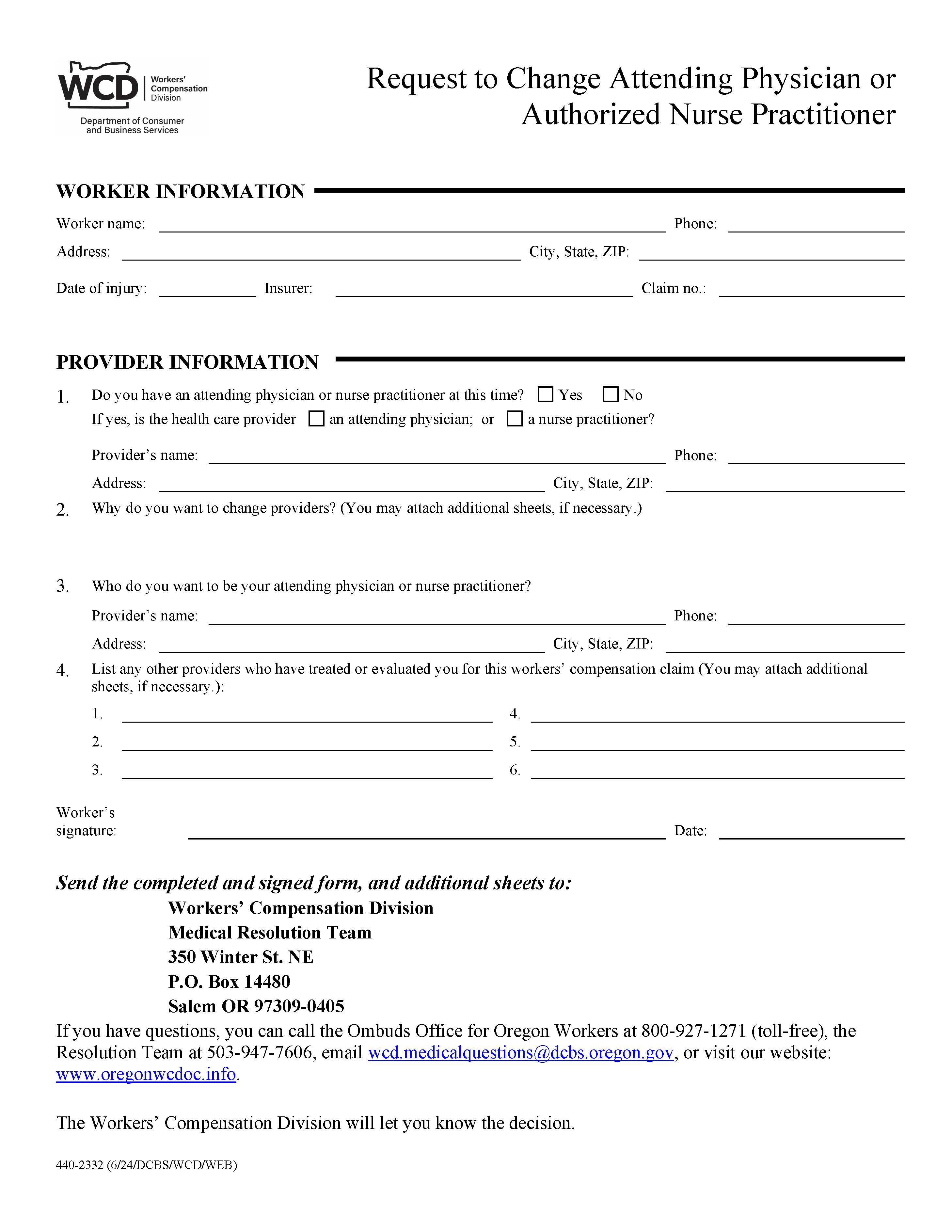 Request To Change Attending Physician Or Authorized Nurse Practitioner {2332} | Pdf Fpdf Docx | Oregon