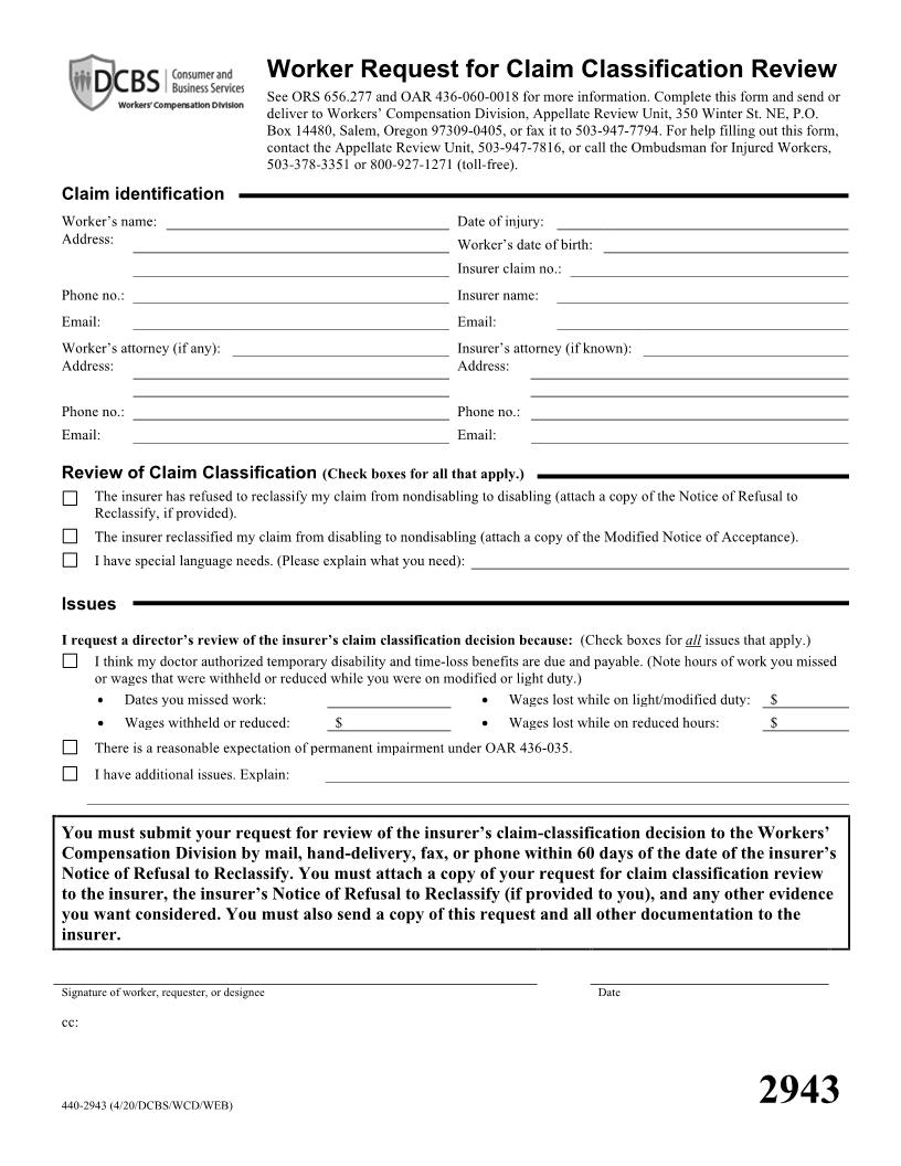 Worker Request For Claim Classification Review {440-2943} | Pdf Fpdf Doc Docx | Oregon