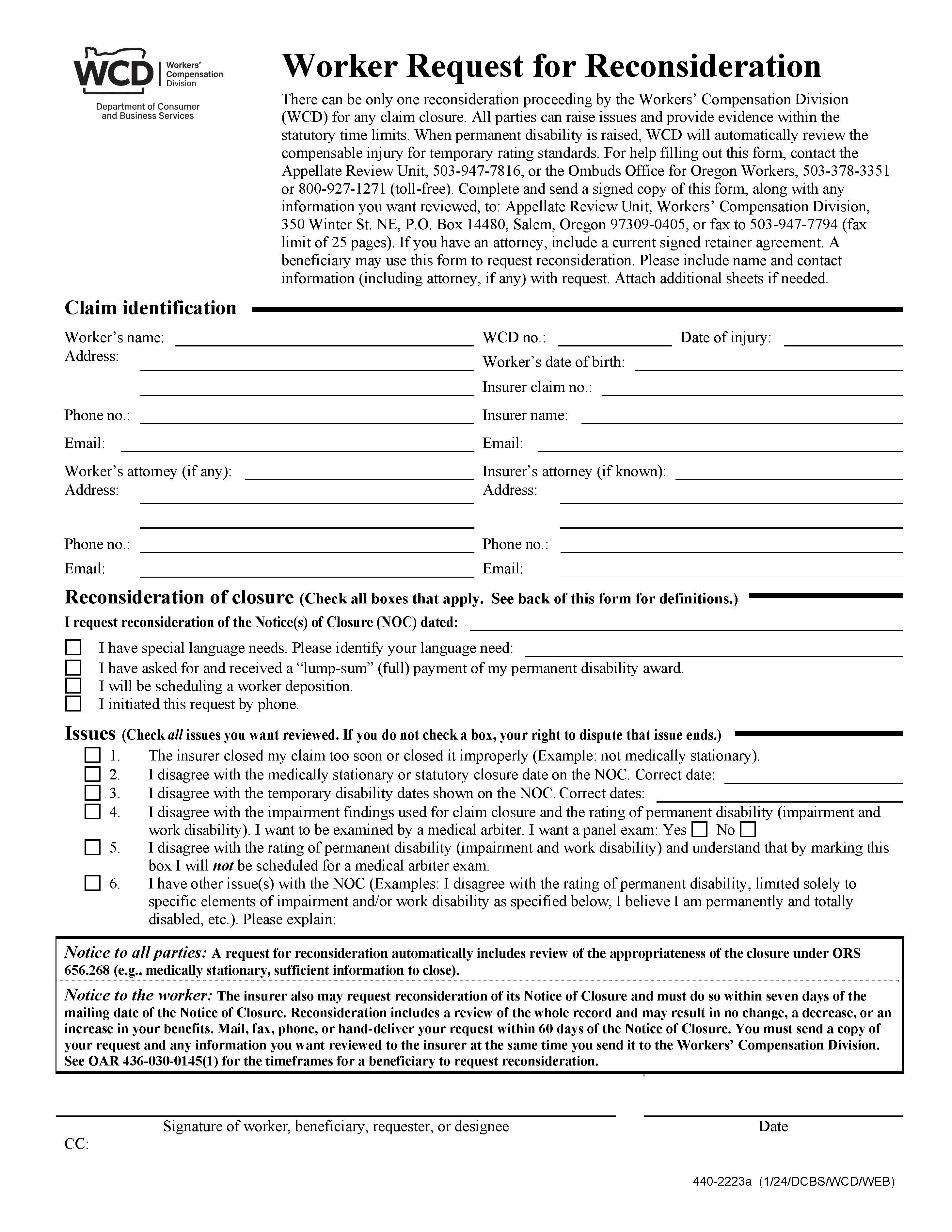 Worker Request For Reconsideration {2223a} | Pdf Fpdf Doc Docx | Oregon