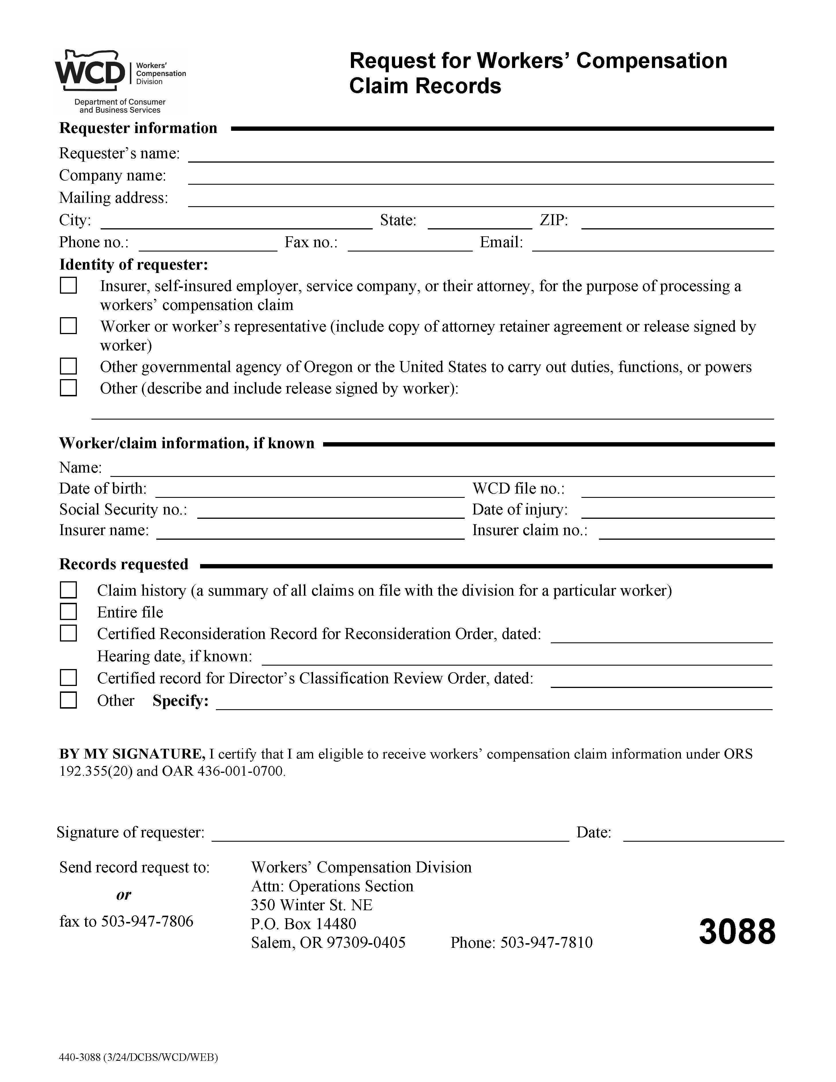 Request For Workers Compensation Division Claim File Information {3088} | Pdf Fpdf Doc Docx | Oregon