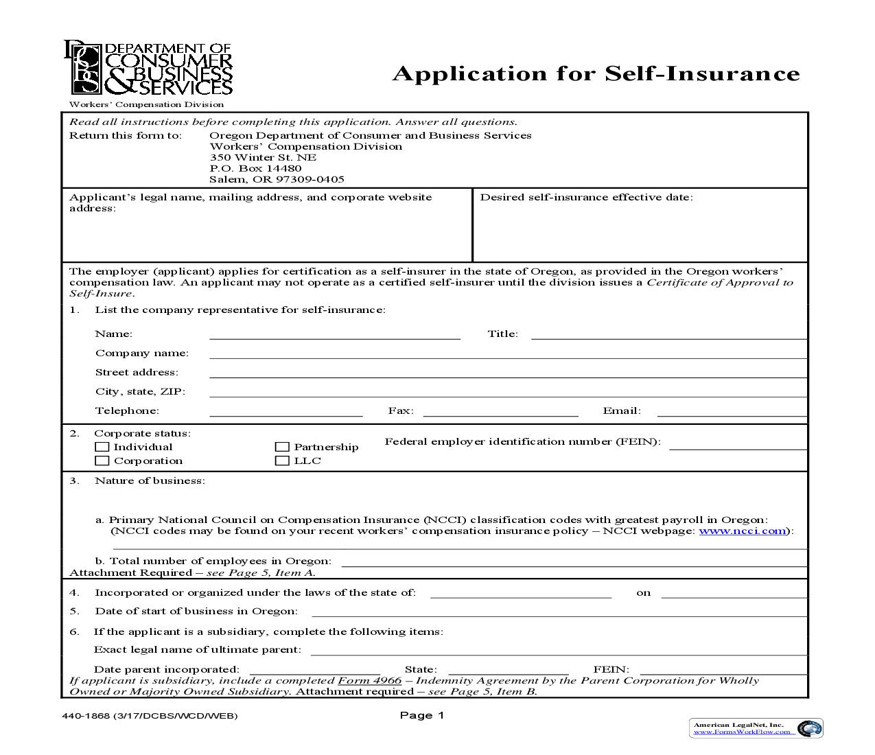 Application For Self Insurance {1868} | Pdf Fpdf Doc Docx | Oregon