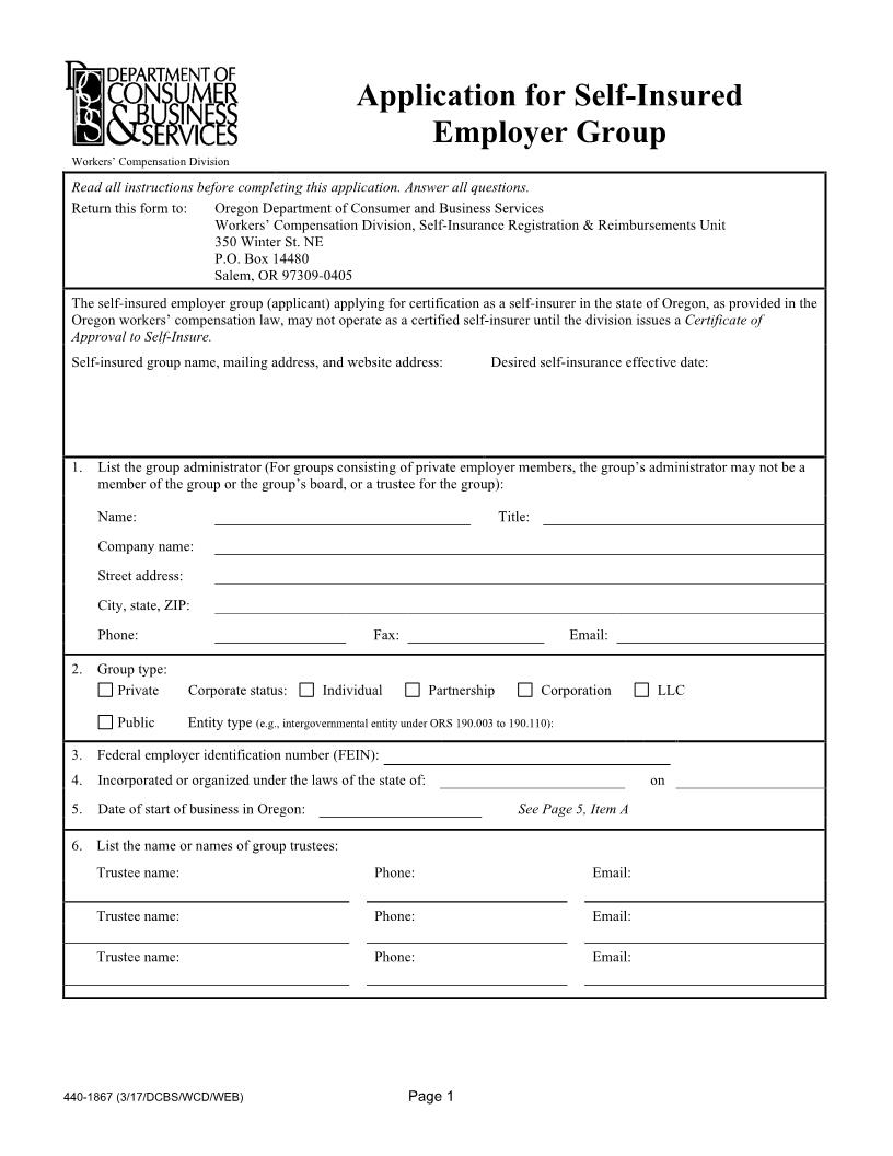 Application For Self-Insured Employer Group {1867} | Pdf Fpdf Doc Docx | Oregon