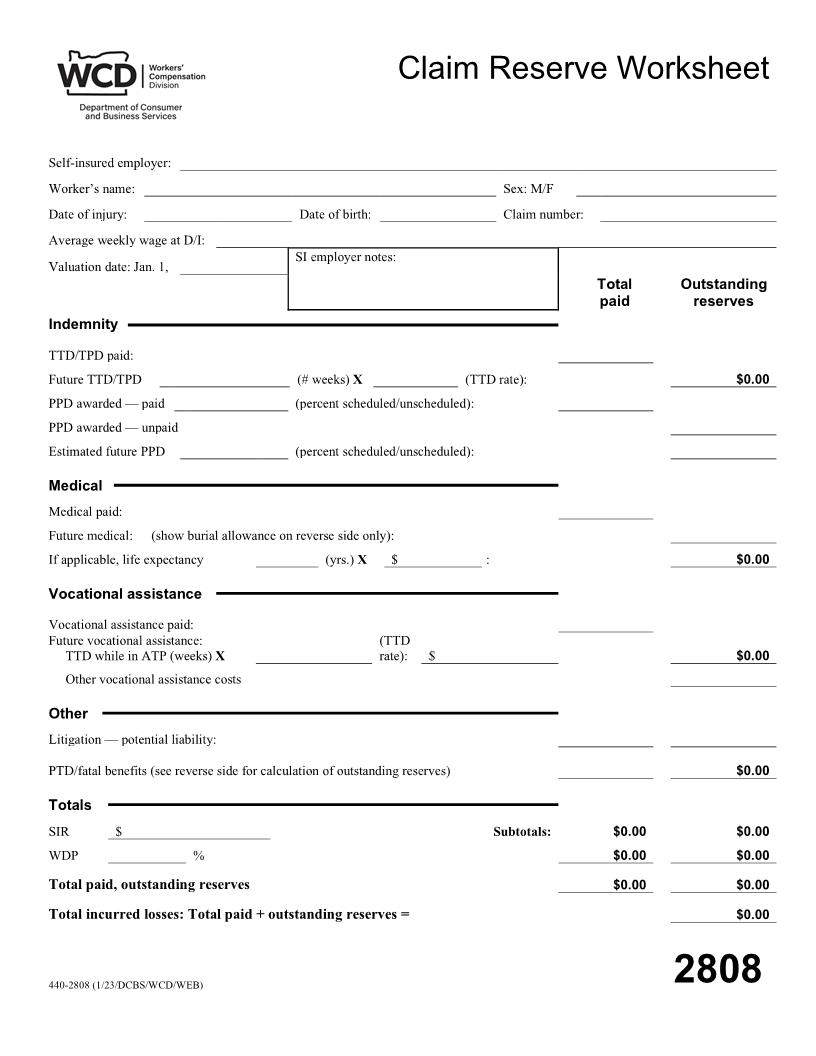 Claim Reserve Worksheet {2808} | Pdf Fpdf Doc Docx | Oregon