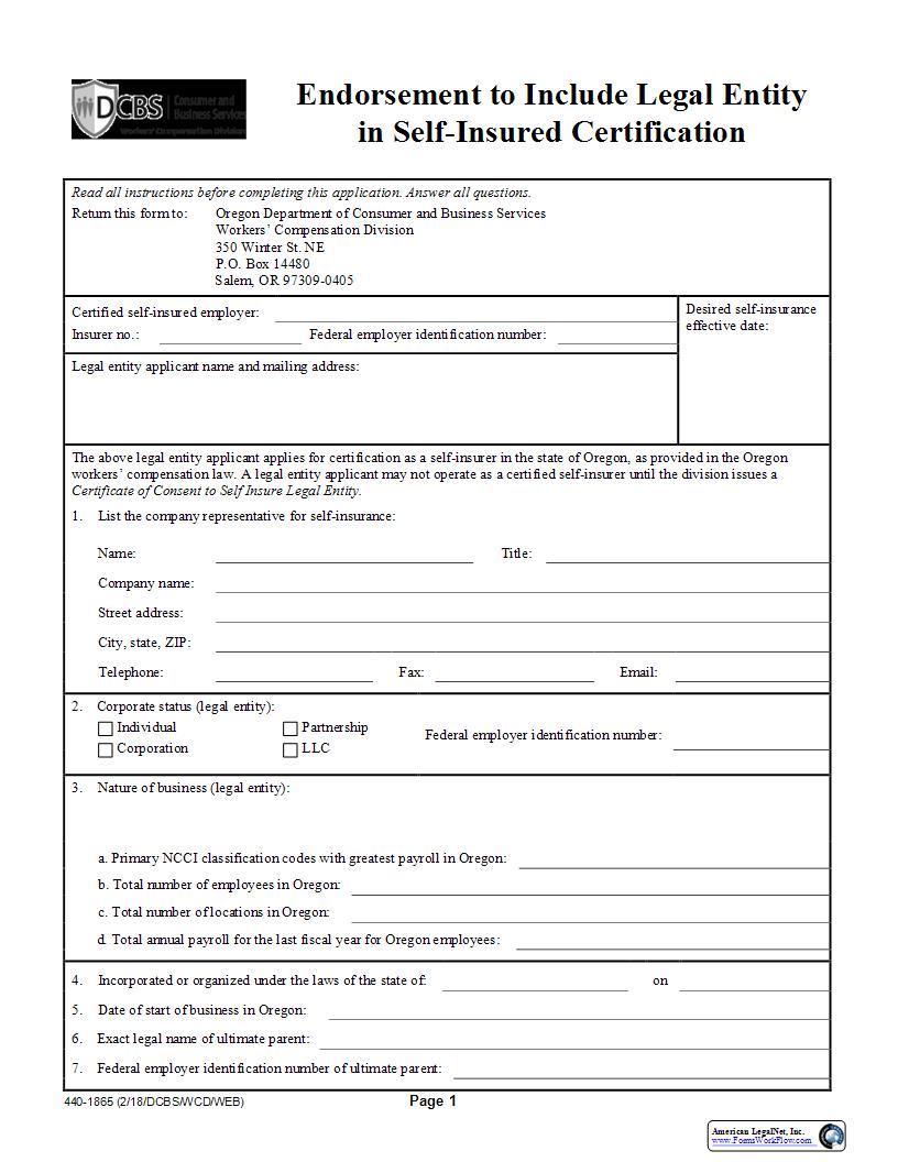 Endorsement To Include Legal Entity In Self-Insured Certification {1865} | Pdf Fpdf Docx | Oregon