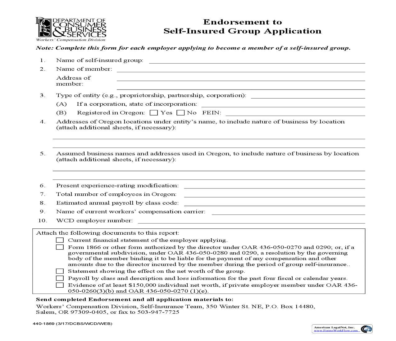 Endorsement To Self Insured Group Application {1869} | Pdf Fpdf Doc Docx | Oregon