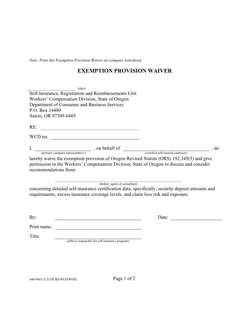 Exemption Provision Waiver {4965} | Pdf Fpdf Doc Docx | Oregon