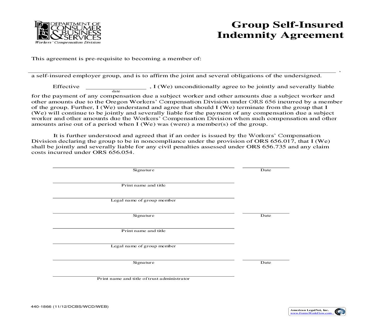 Group Self Insured Indemnity Agreement {1866} | Pdf Fpdf Doc Docx | Oregon