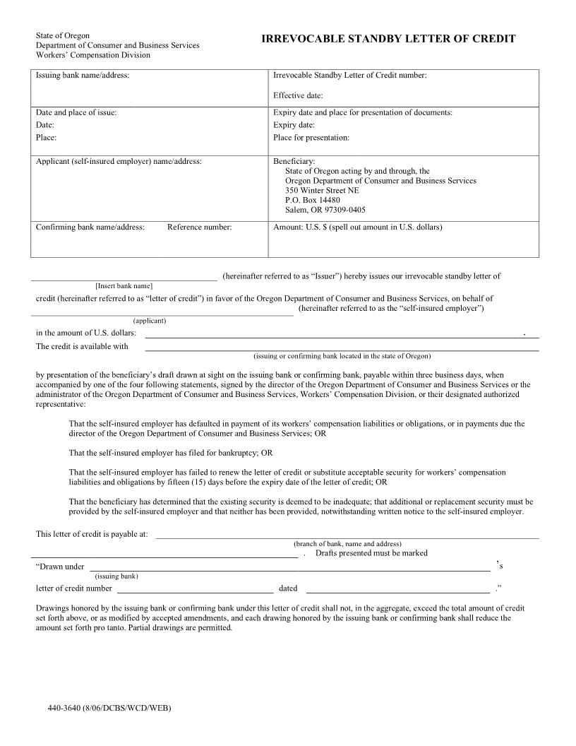 Irrevocable Standby Letter Of Credit {3640} | Pdf Fpdf Docx | Oregon