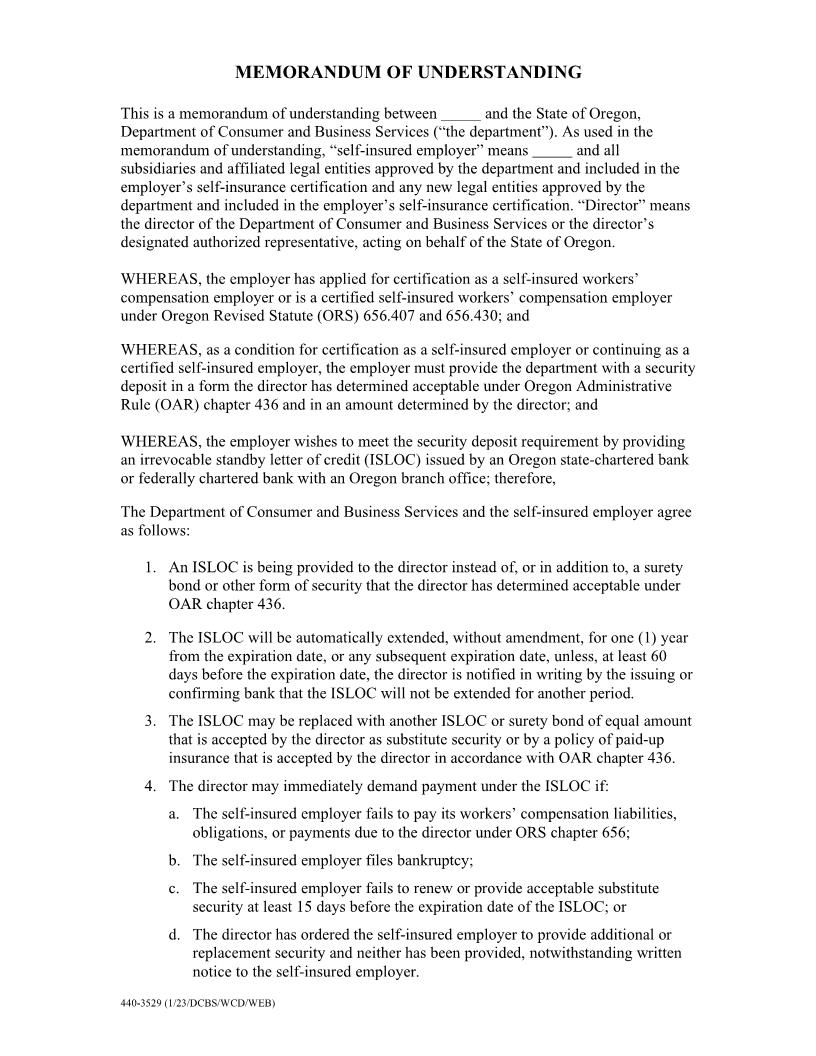 Memorandum Of Understanding (Alternative Type Of Security Deposit) {3529} | Pdf Fpdf Doc Docx | Oregon