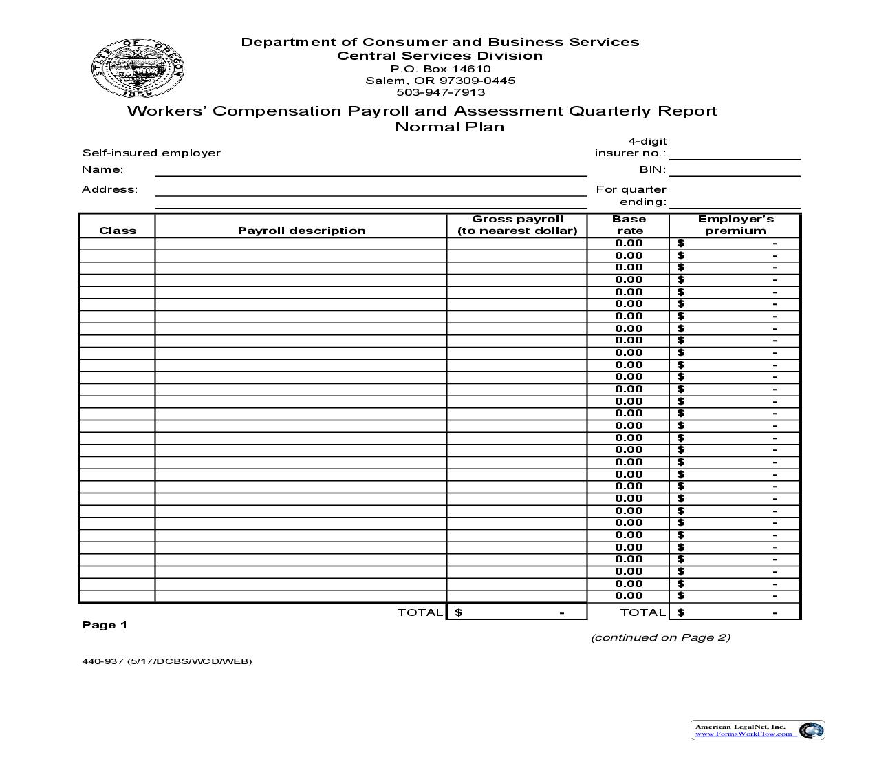 Workers Compensation Payroll And Assessment Quarterly Report Normal Plan {937} |  | Oregon