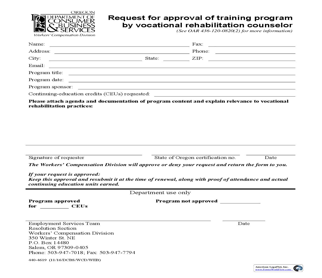 Request For Approval Of Training Program By Vocational Rehabilitation Counselor {4619} | Pdf Fpdf Doc Docx | Oregon
