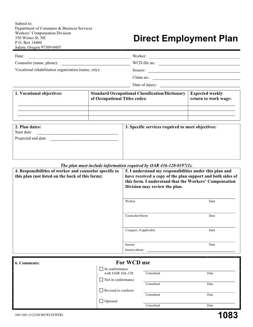 Return To Work Plan Direct Employment {1083} | Pdf Fpdf Doc Docx | Oregon