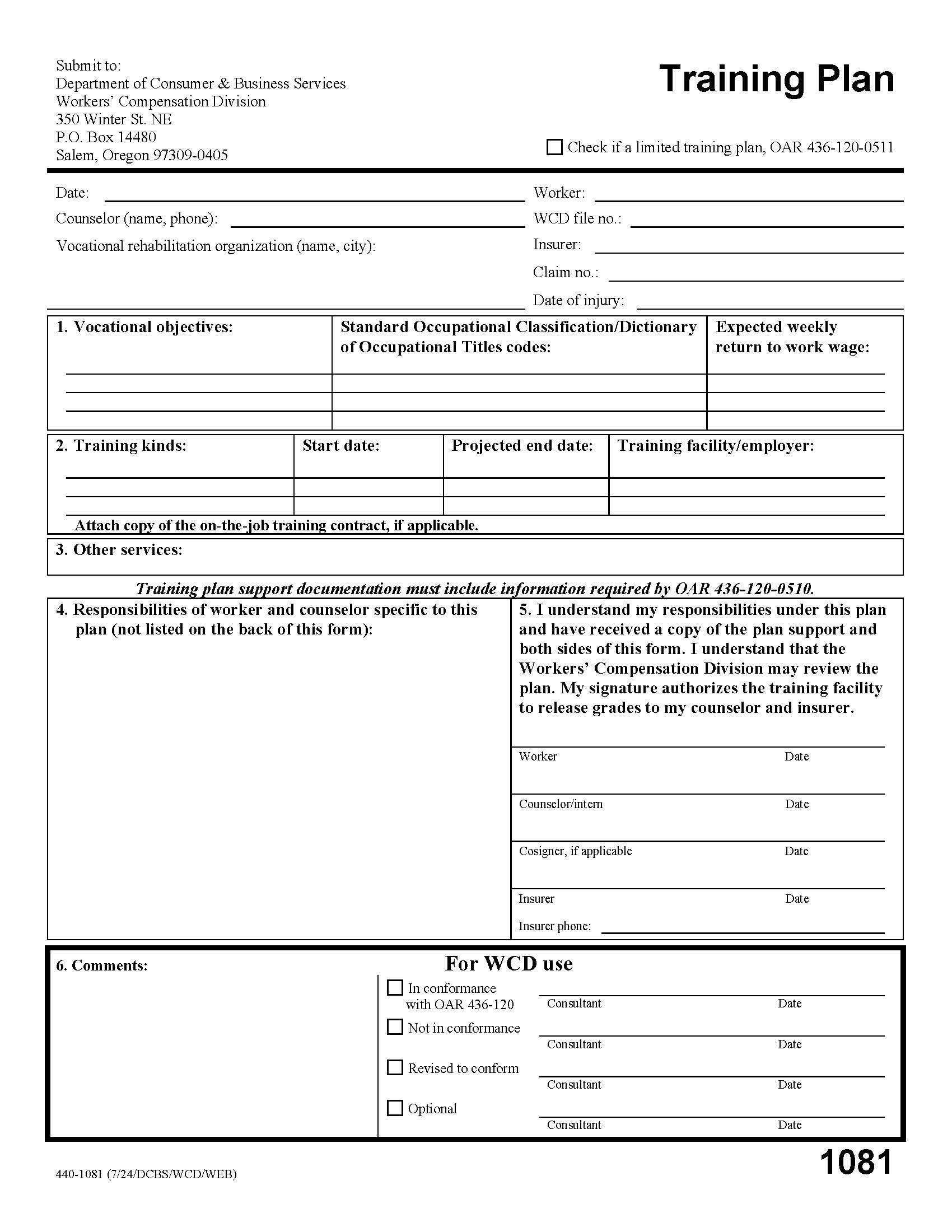 Return To Work Plan Training {1081} | Pdf Fpdf Doc Docx | Oregon