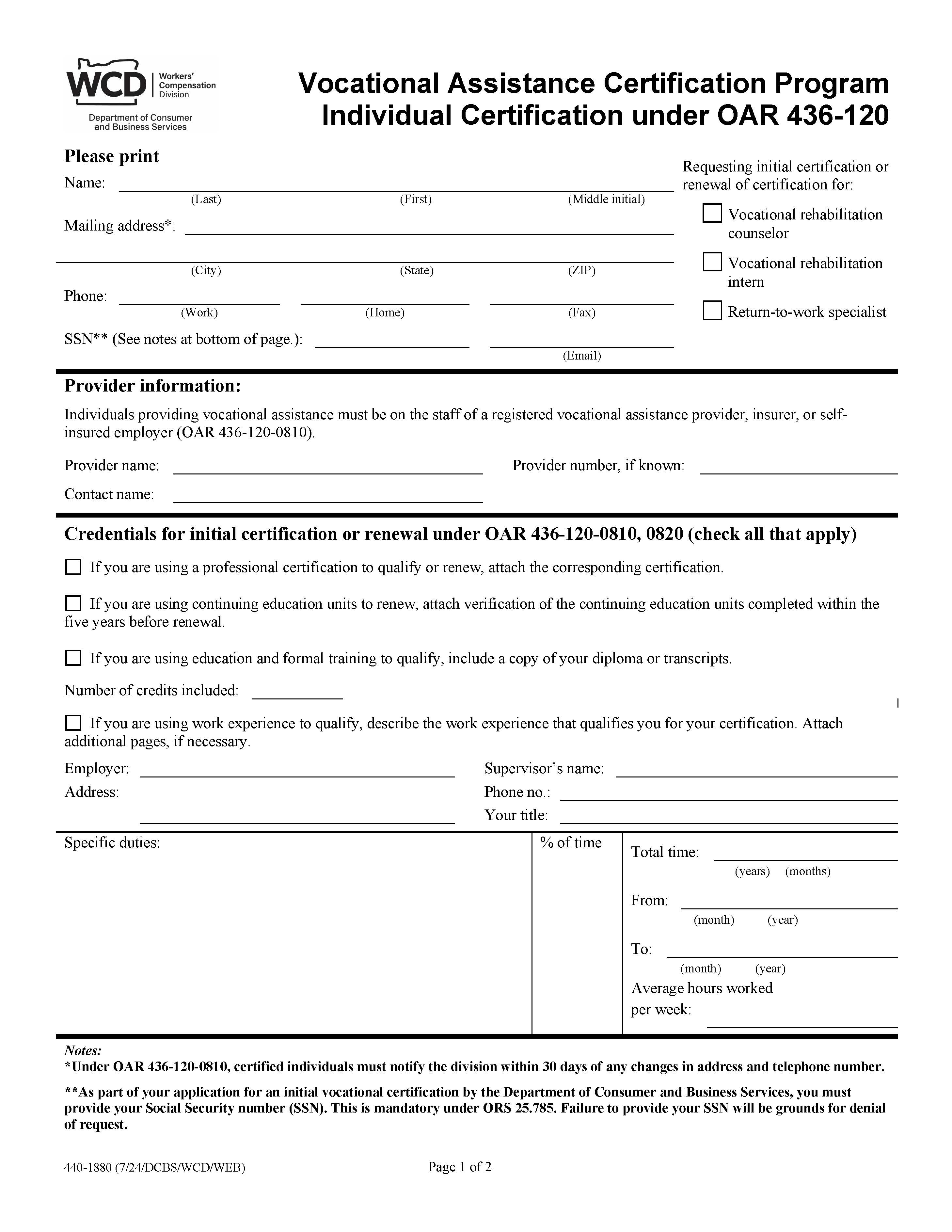 Vocational Assistance Certification Program Individual Certification Under OAR 436-120 {1880} | Pdf Fpdf Doc Docx | Oregon