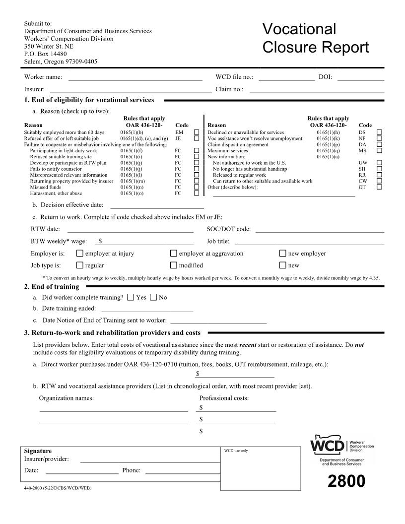 Vocational Closure Report {2800} | Pdf Fpdf Doc Docx | Oregon