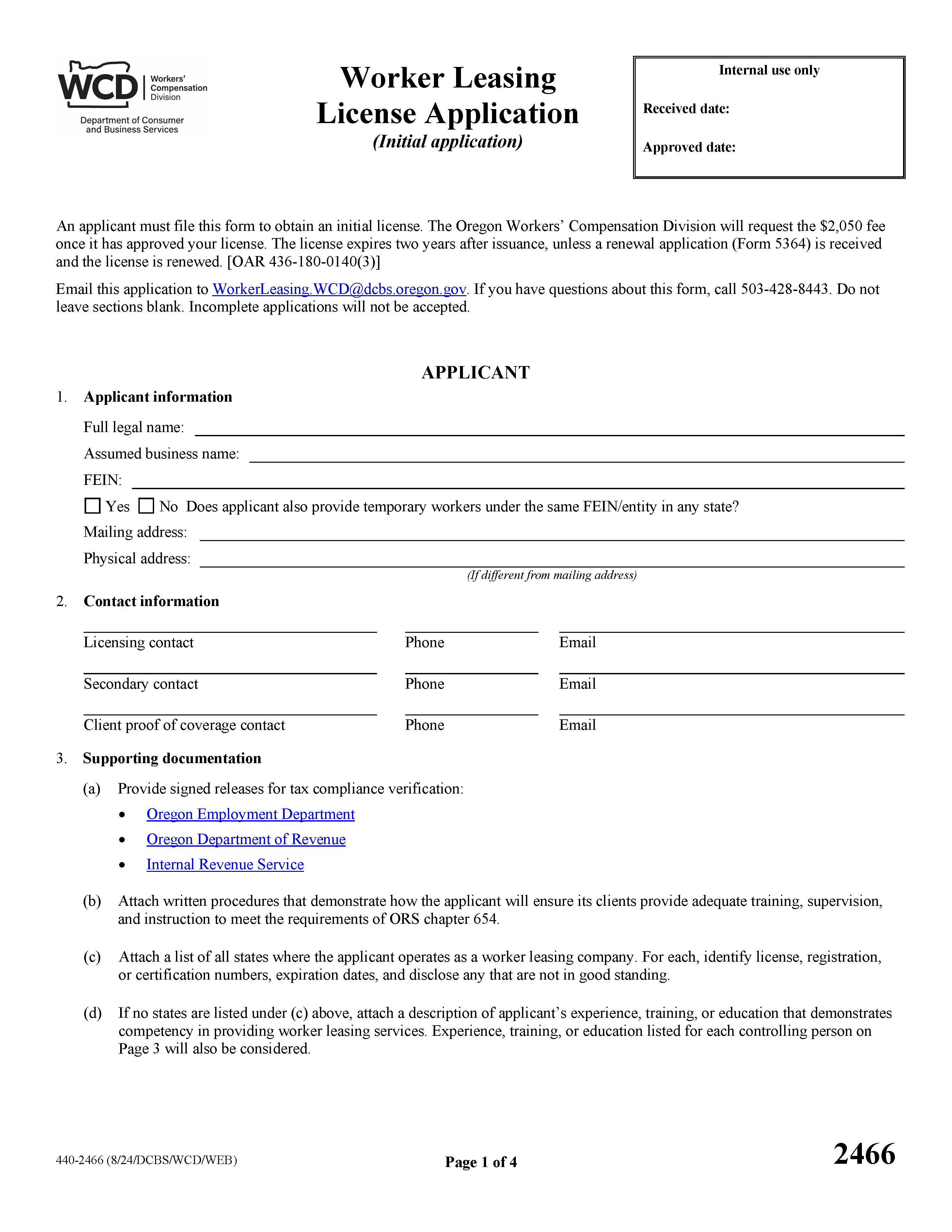 Application For Worker Leasing Company License {2466} | Pdf Fpdf Docx | Oregon