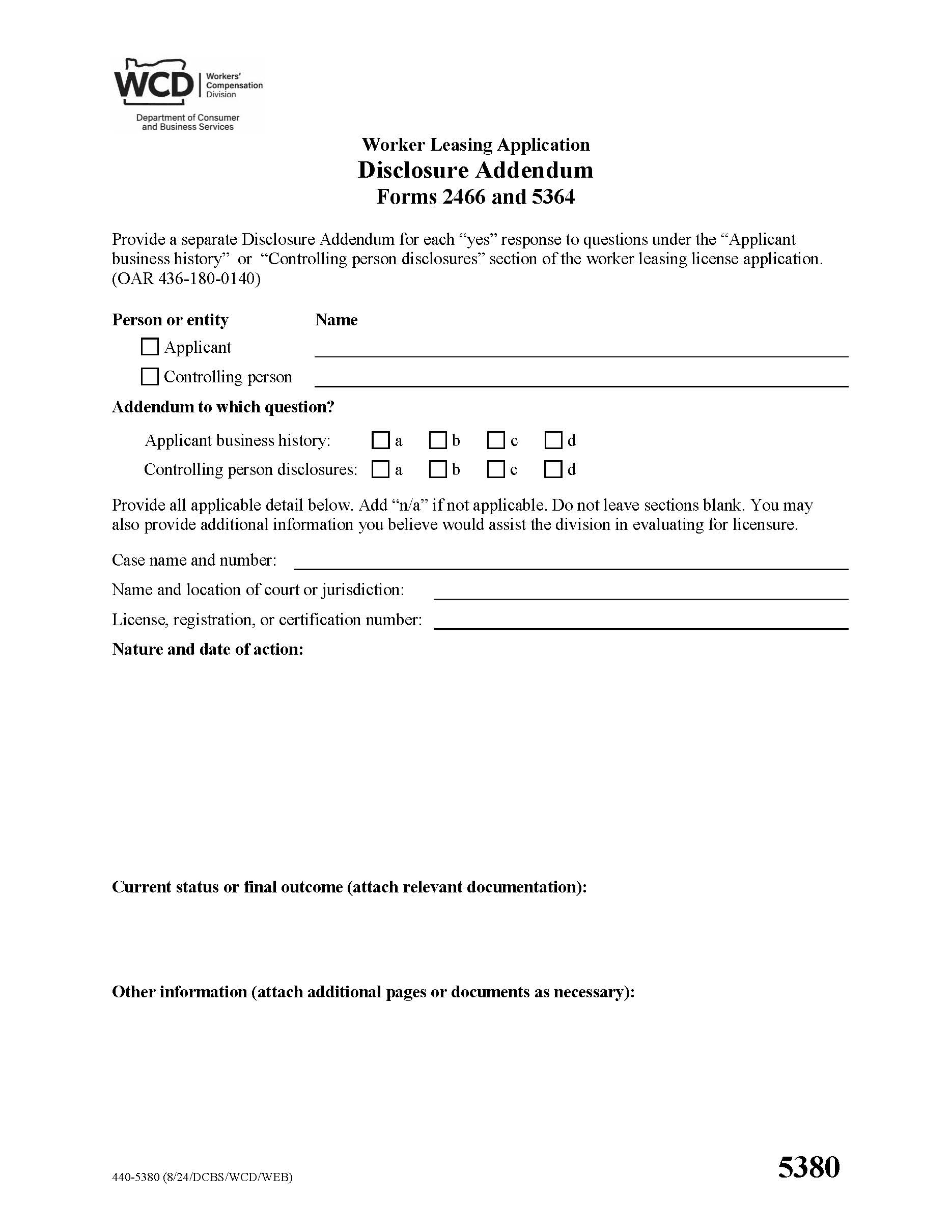 Disclosure Addendum {5380} | Pdf Fpdf Docx | Oregon