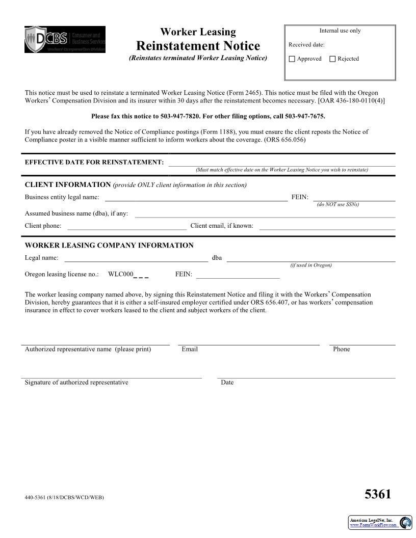 Reinstatement Notice {5361} | Pdf Fpdf Docx | Oregon