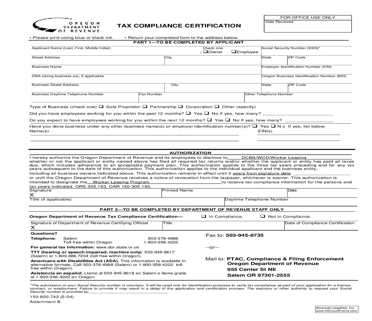 Tax Compliance Certification (Attachment B} {2466B} | Pdf Fpdf Doc Docx | Oregon