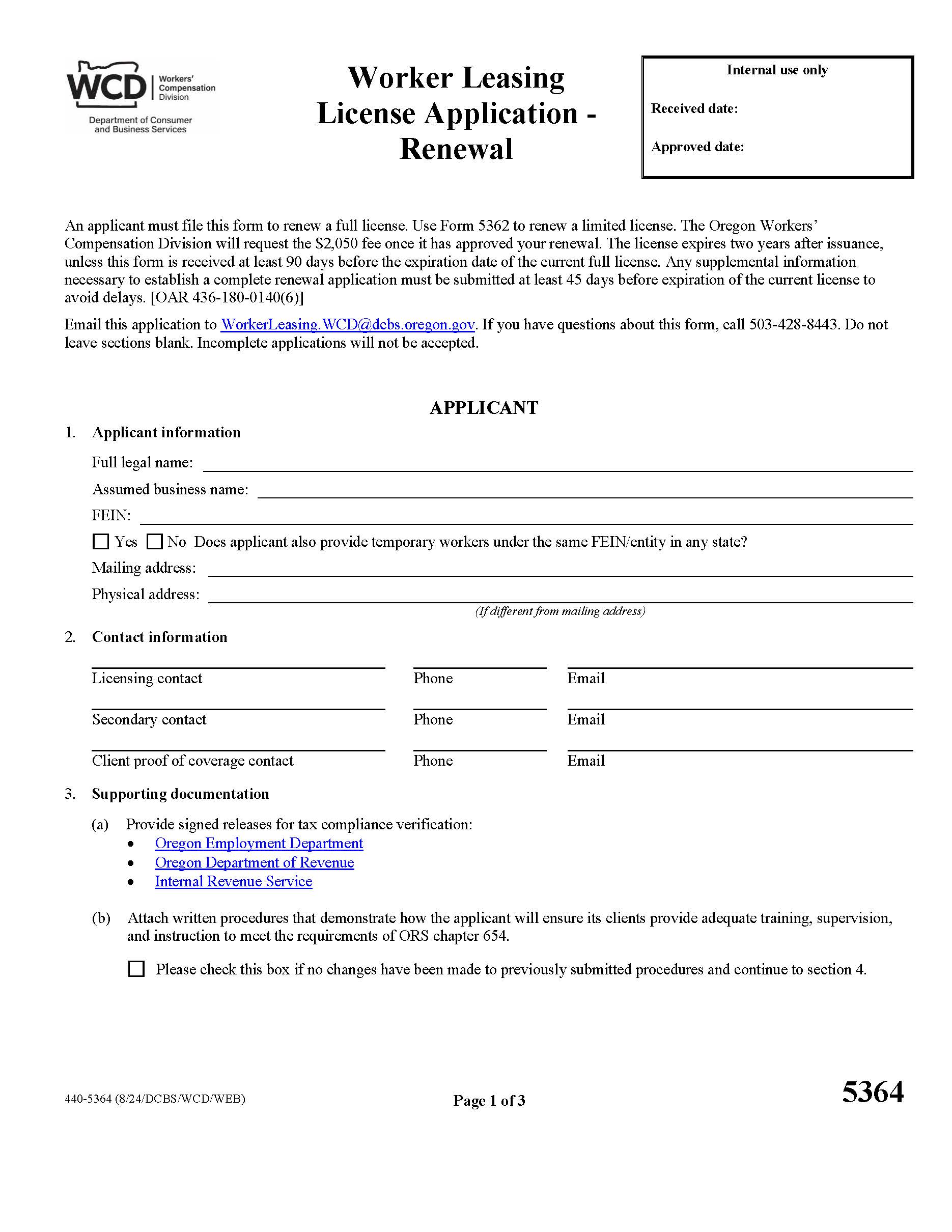 Worker Leasing License Renewal {5364} | Pdf Fpdf Docx | Oregon