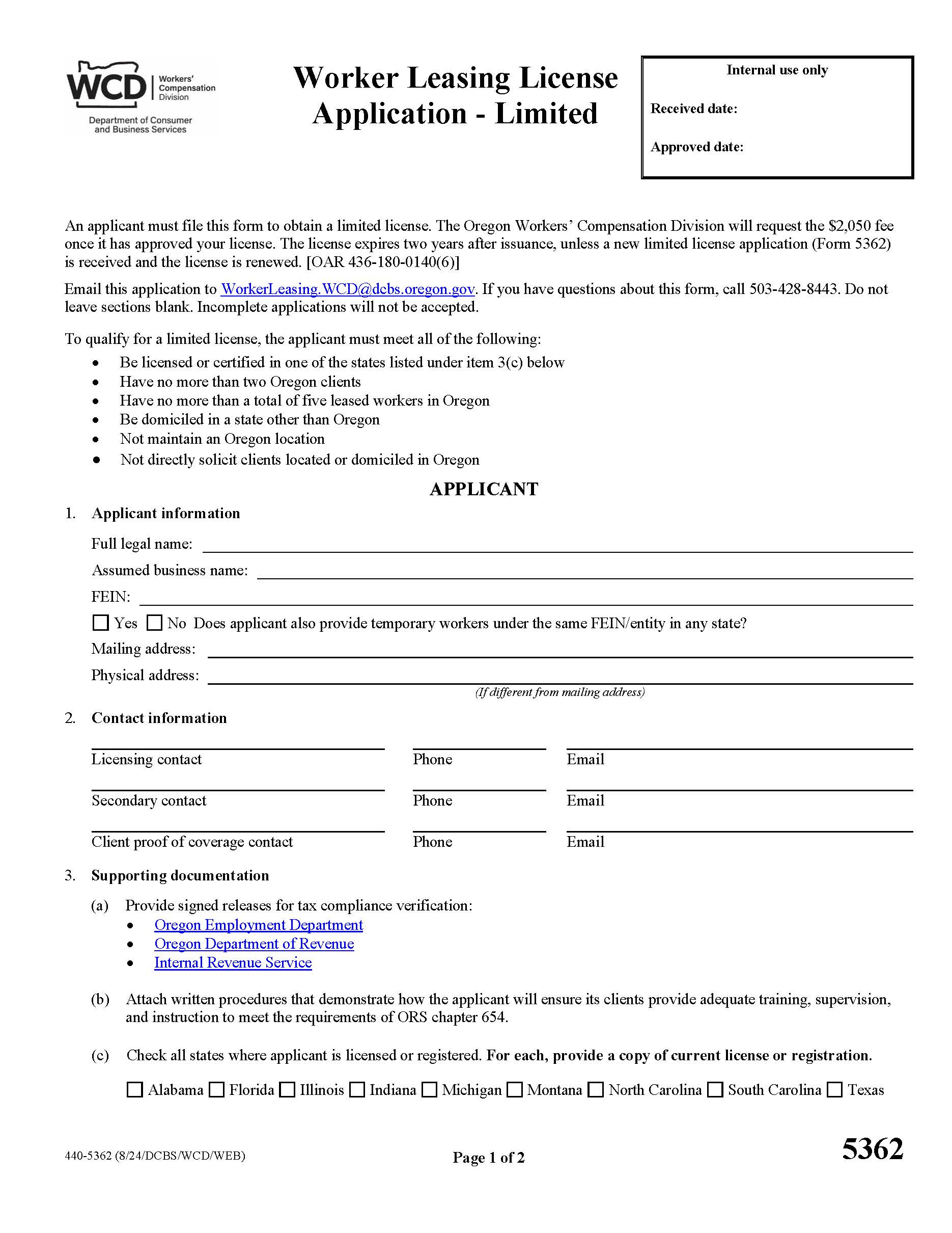 Worker Leasing Limited License Application {5362} | Pdf Fpdf Docx | Oregon