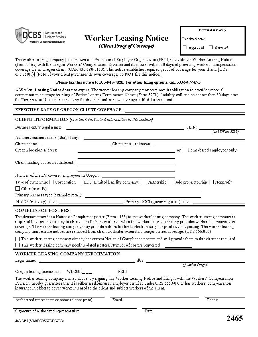 Worker Leasing Notice Client Proof Of Coverage {2465} | Pdf Fpdf Docx | Oregon