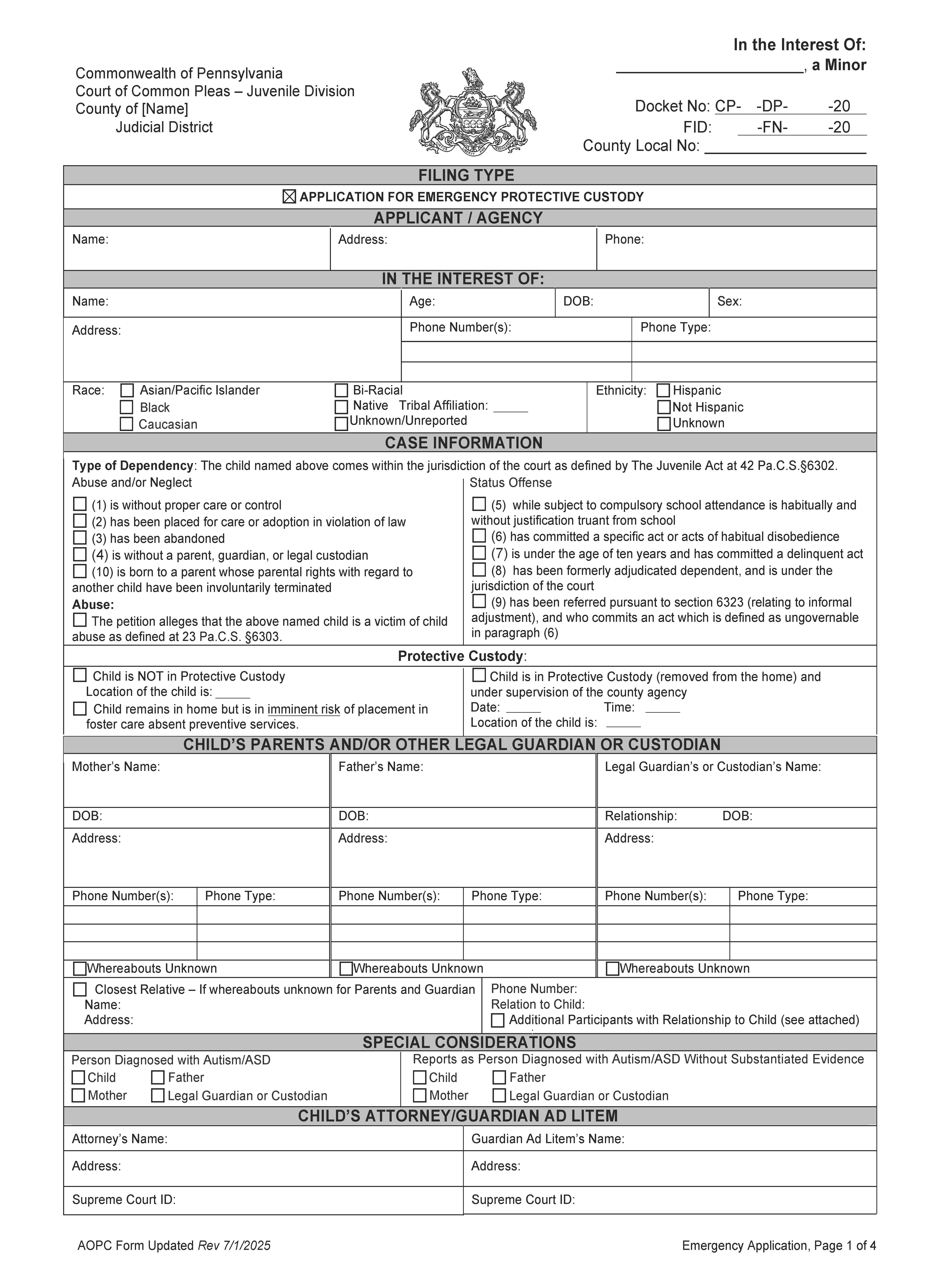 Application For Emergency Protective Custody | Pdf Fpdf Doc Docx | Pennsylvania