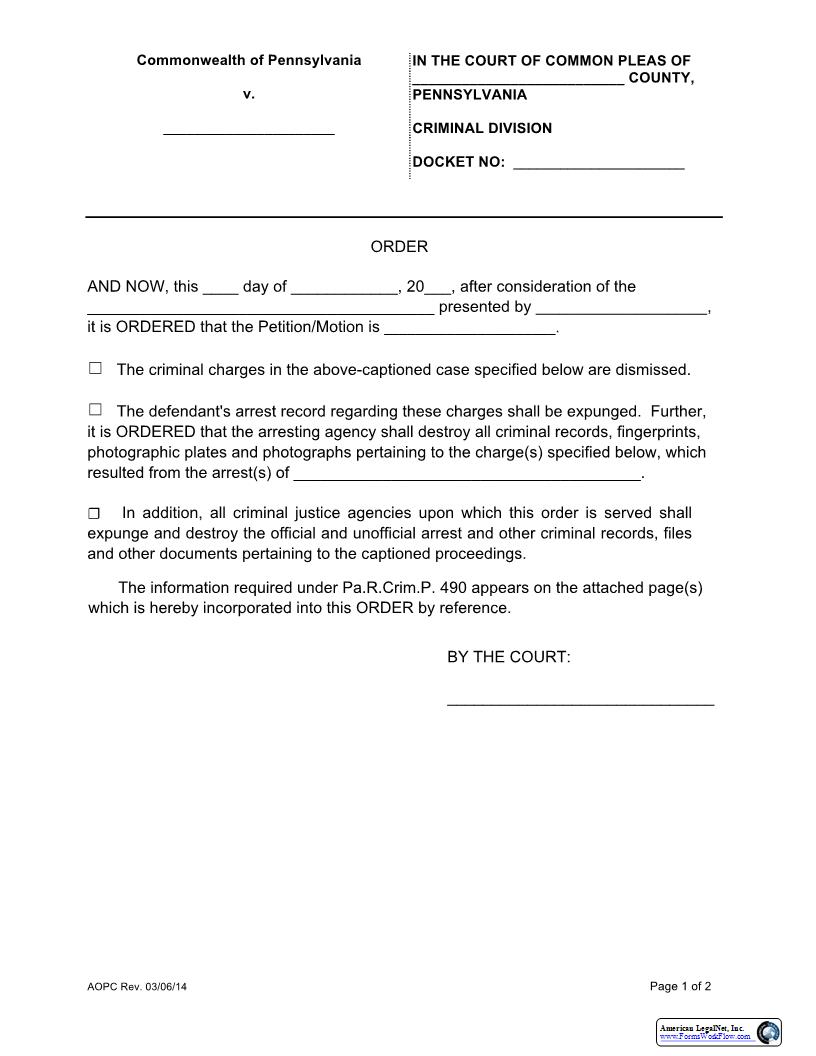 Blank Expungement Order 490 | Pdf Fpdf Docx | Pennsylvania