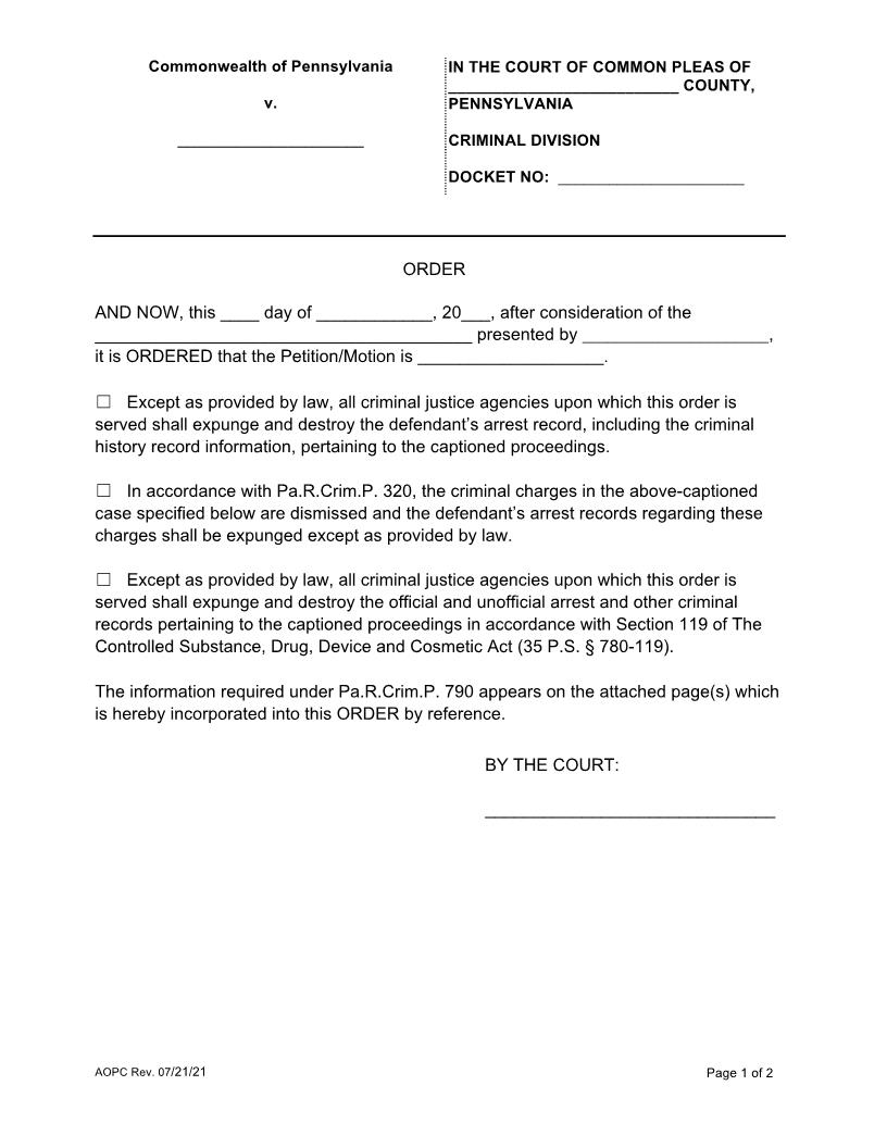 Blank Expungement Order 790 | Pdf Fpdf Docx | Pennsylvania