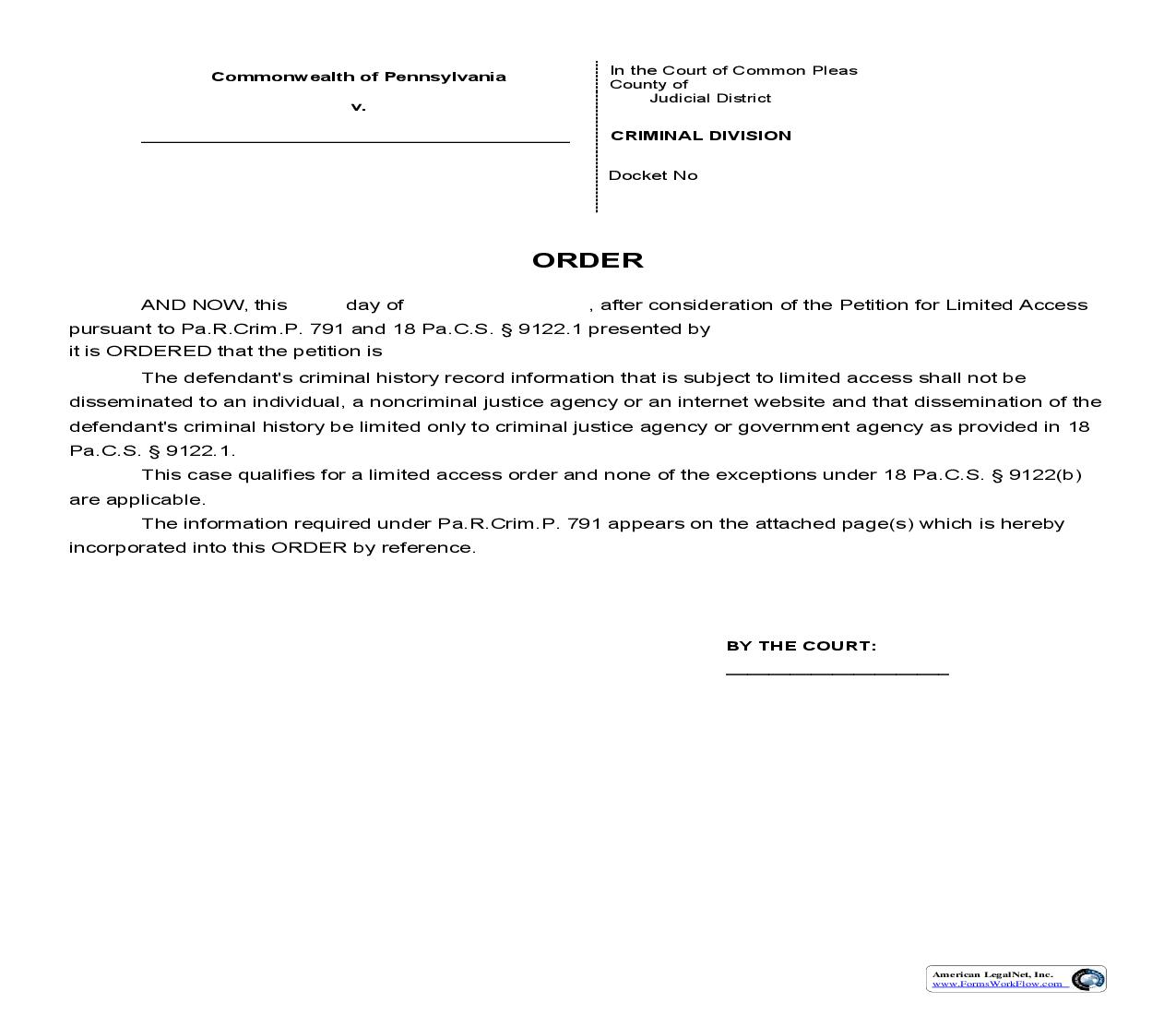 Blank Limited Access Order 791 | Pdf Fpdf Doc Docx | Pennsylvania