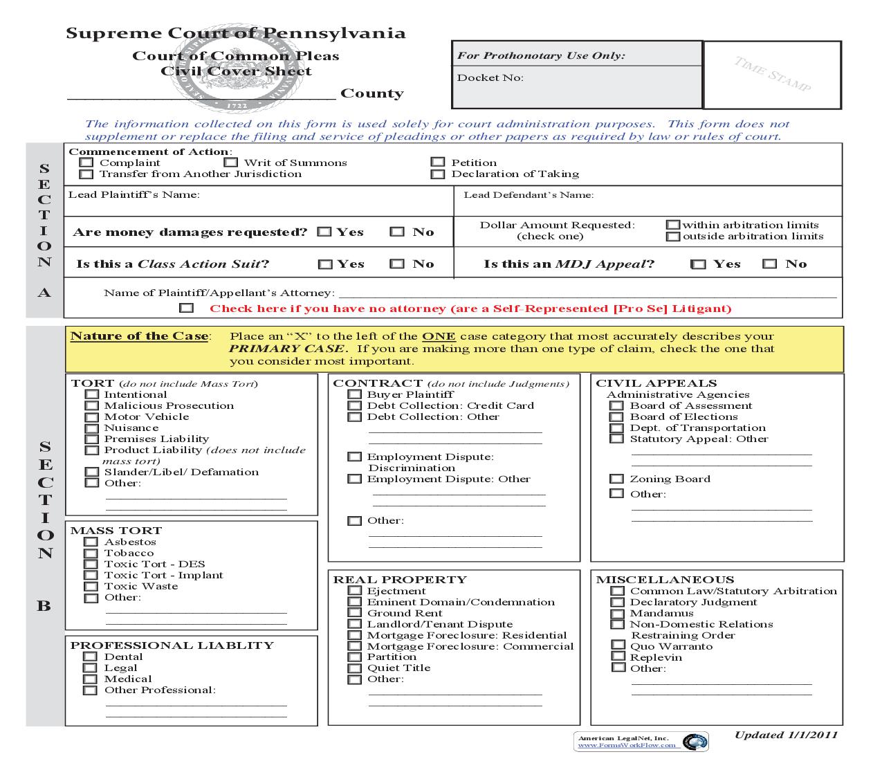 Civil Cover Sheet (Court Of Common Pleas) | Pdf Fpdf Doc Docx | Pennsylvania