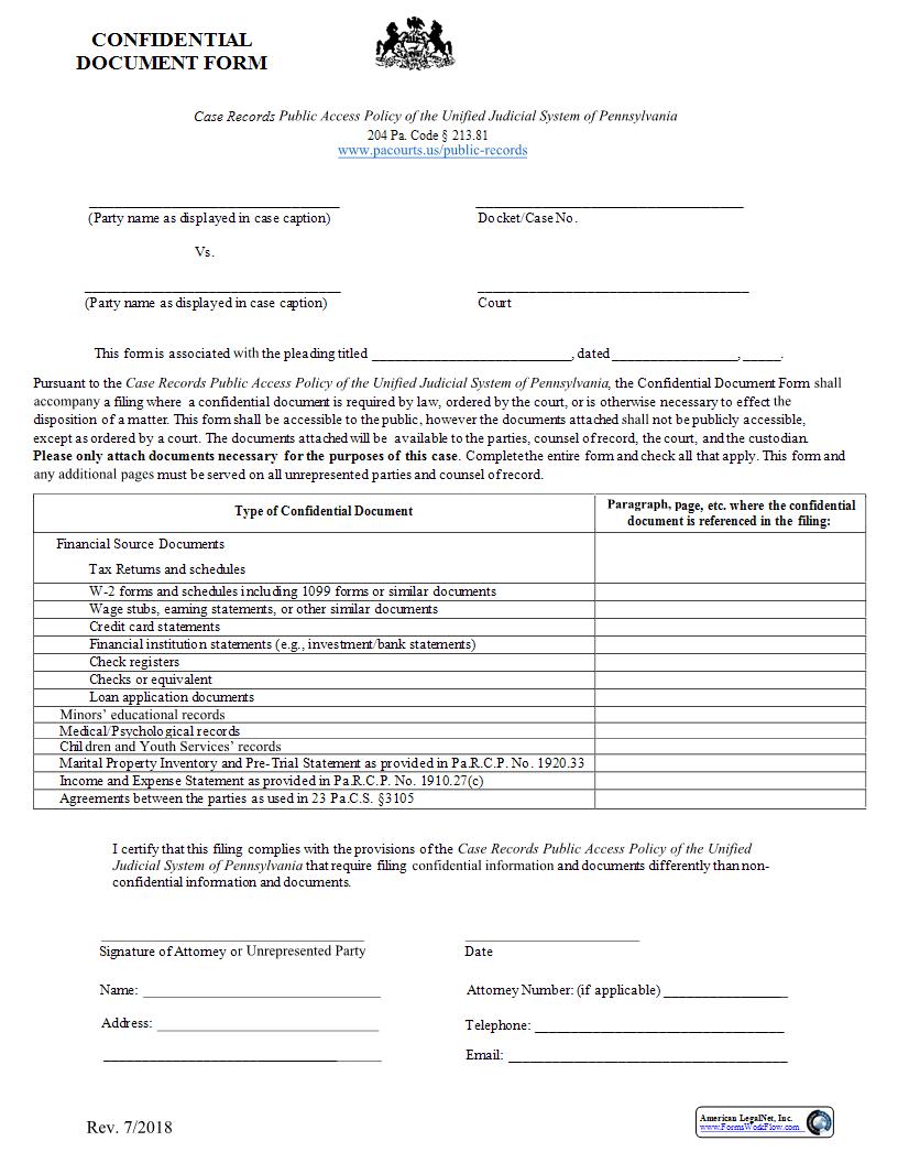 Confidential Document Form (Court Case Records) | Pdf Fpdf Docx | Pennsylvania