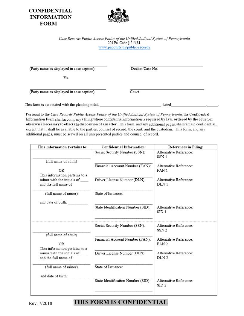 Confidential Information Form | Pdf Fpdf Docx | Pennsylvania