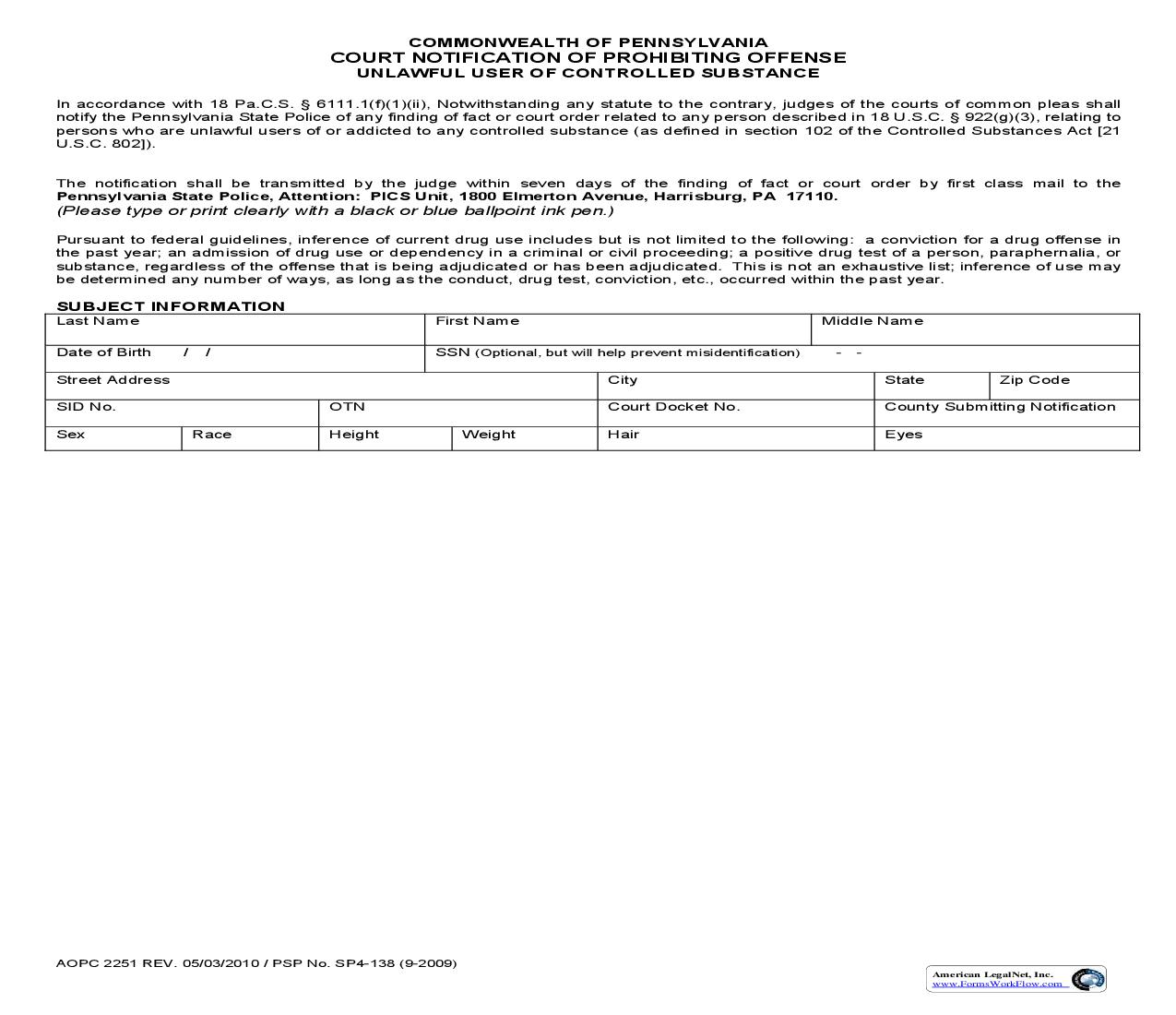 Court Notification Of Prohibiting Offense Unlawful User Of Controlled Substance {AOPC 2251} | Pdf Fpdf Doc Docx | Pennsylvania