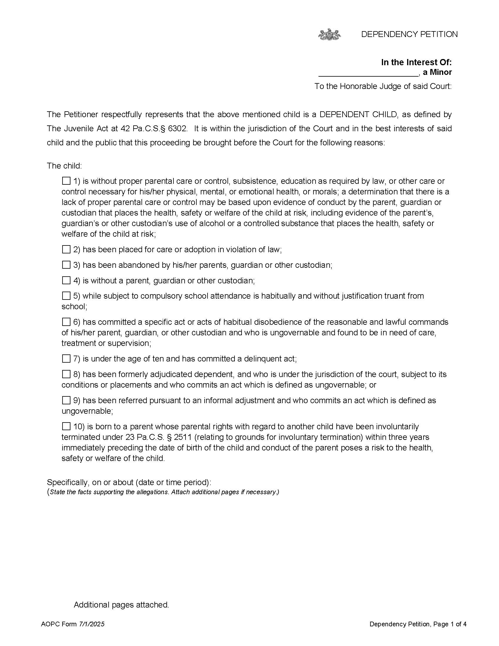 Dependency Petition | Pdf Fpdf Doc Docx | Pennsylvania