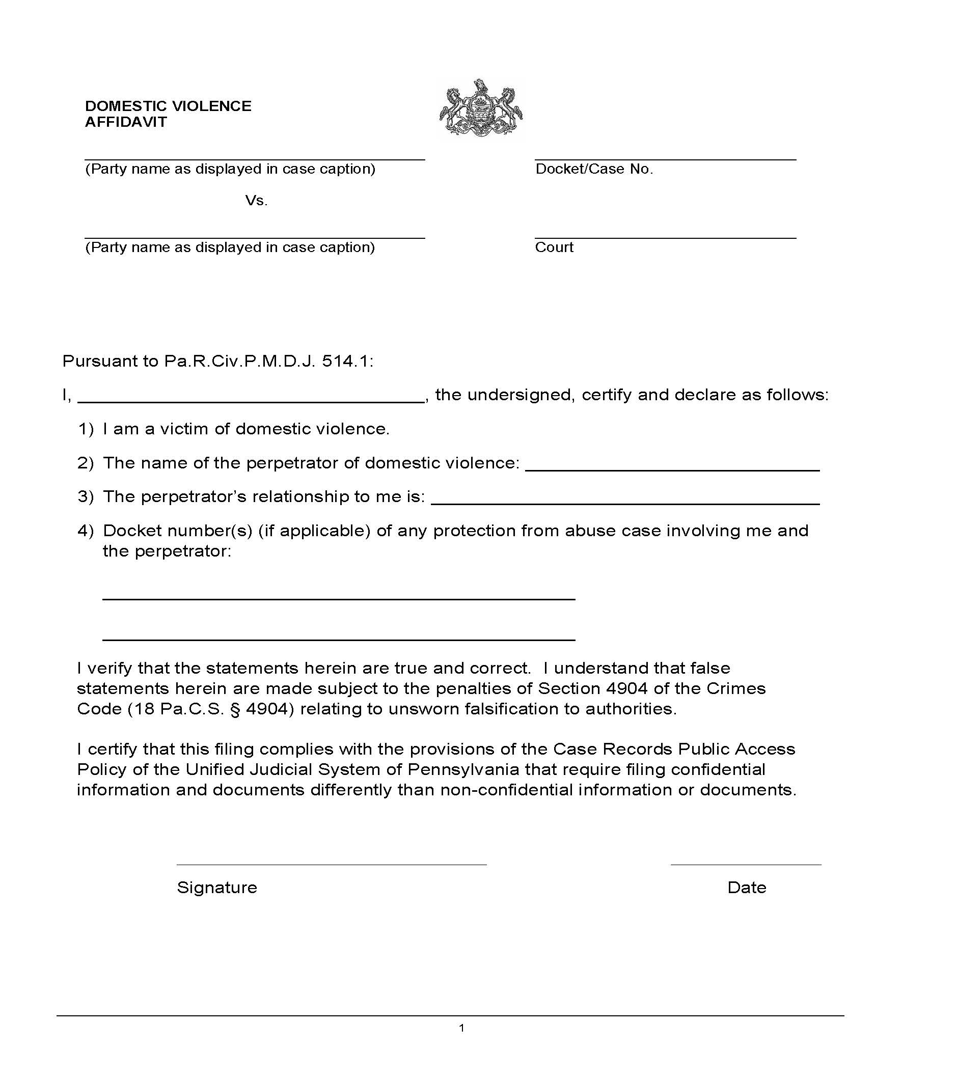 Domestic Violence Affidavit | Pdf Fpdf Docx | Pennsylvania