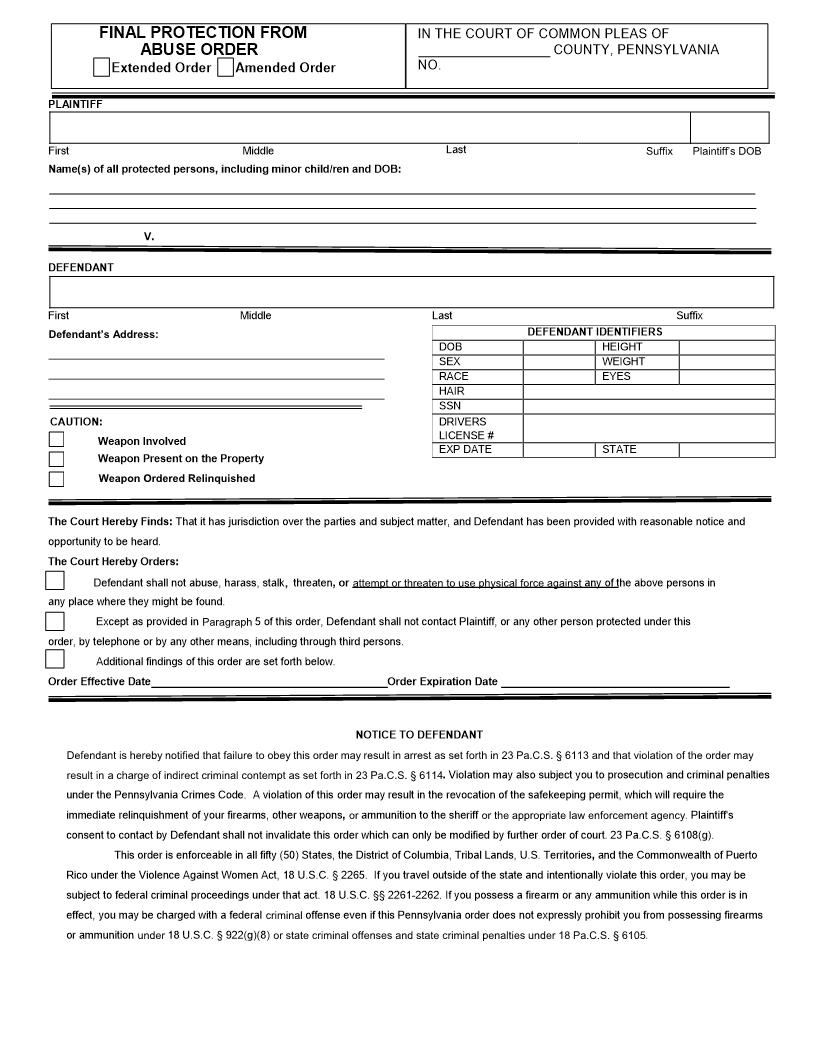 Final Protection From Abuse Order | Pdf Fpdf Docx | Pennsylvania