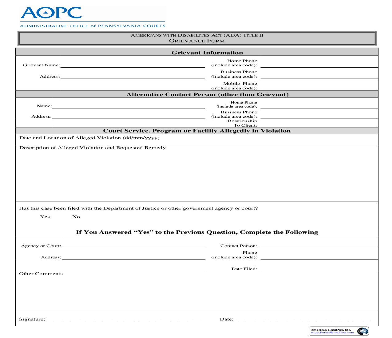 Grievance Form (Americans With Disabilites Act) | Pdf Fpdf Doc Docx | Pennsylvania