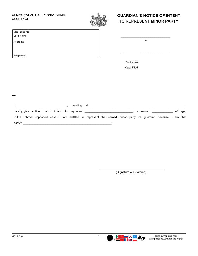 Guardians Notice Of Intent To Represent Minor Party | Pdf Fpdf Docx | Pennsylvania