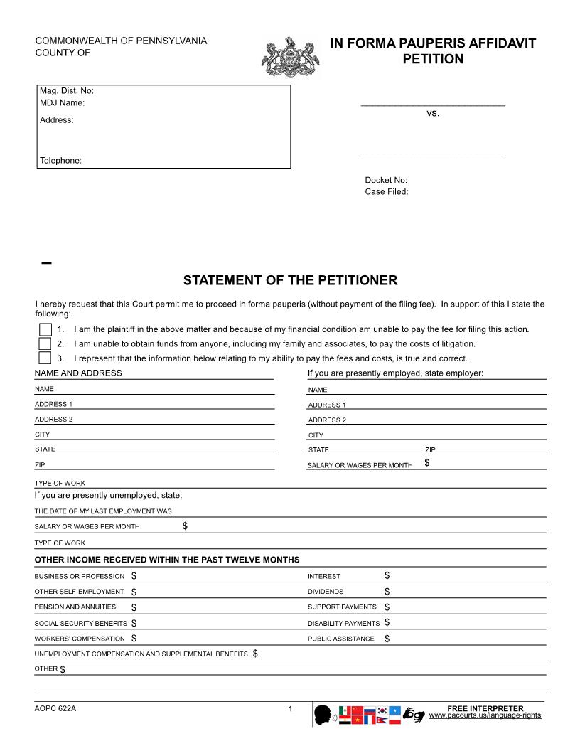 In Forma Pauperis Affidavit Petition (Magisterial District Court) | Pdf Fpdf Docx | Pennsylvania